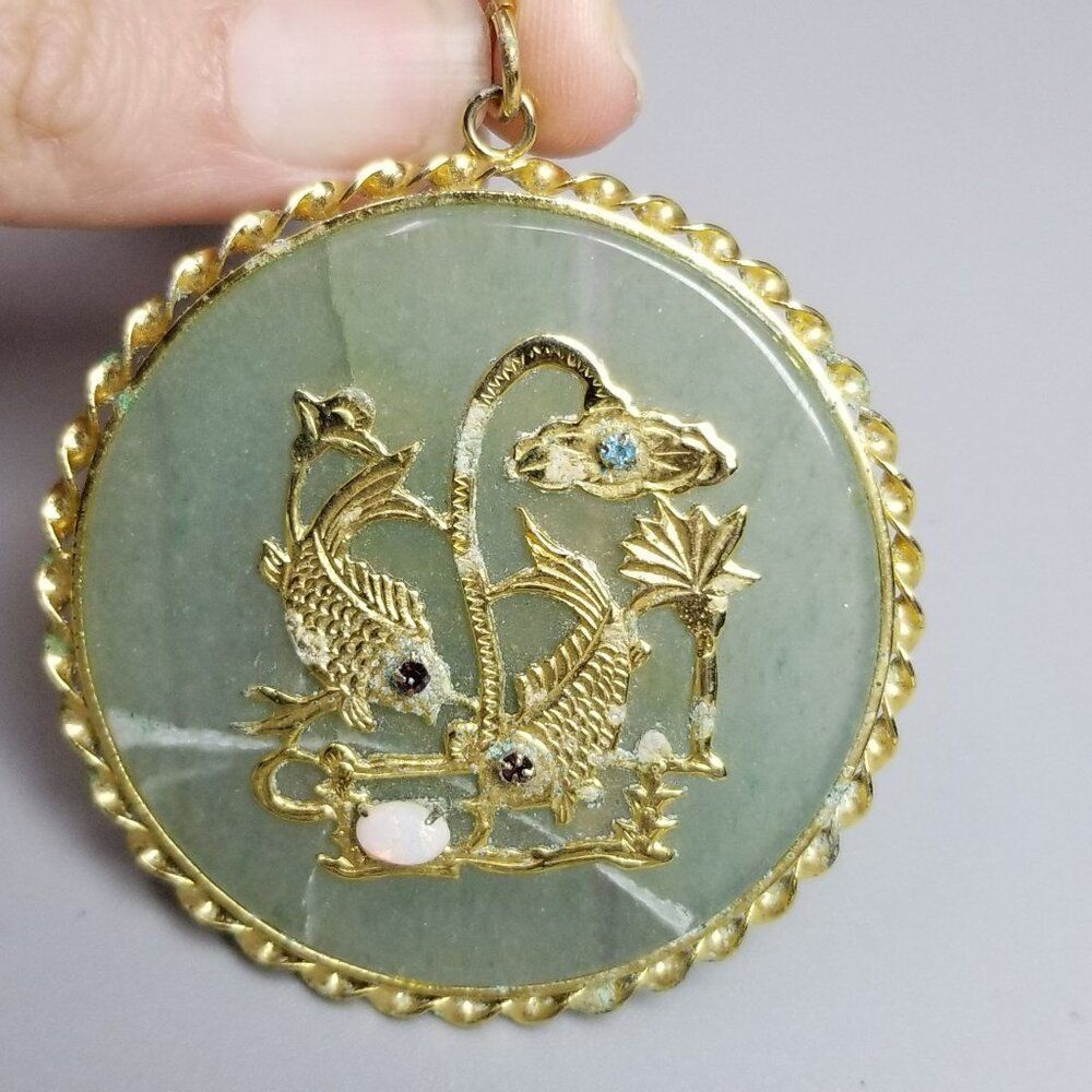Vintage Koi Fish Pond Pendant, Green and Gold Tone Setting, Damaged, Estate